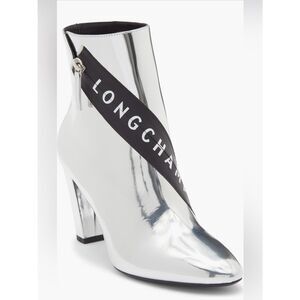 Longchamp Mirror Metallic Silver Logo Heeled Ankle Boot Designer 37